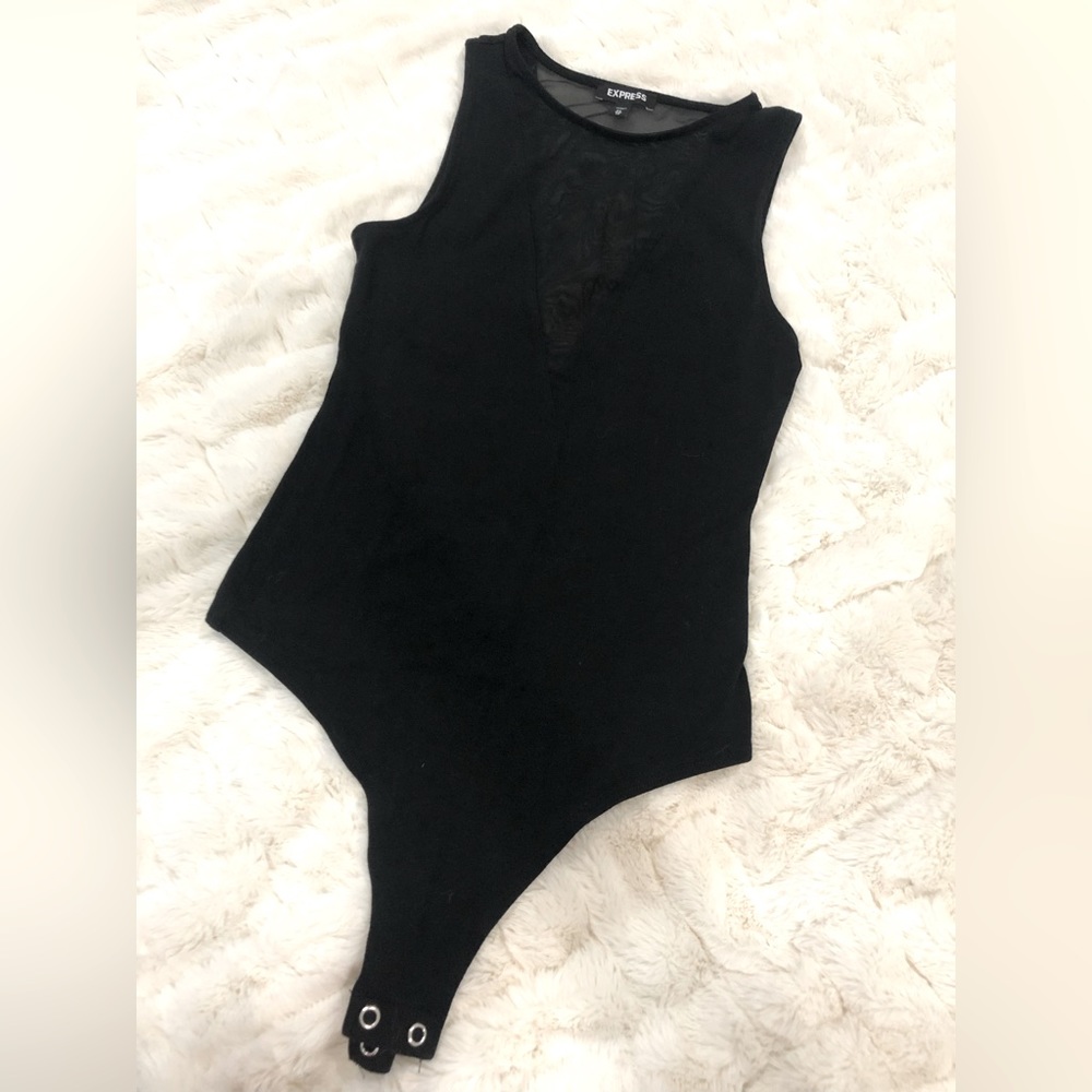 Gently used XSmall Express black sleeveless plunge mesh 2-button thong bodysuit